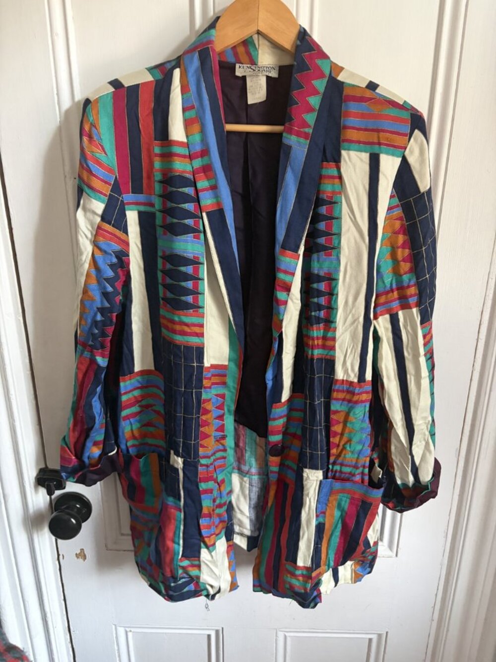Vintage Kensington Square Abstract Aztec Print Rayon Slouchy Blazer Jacket USA L